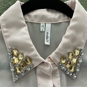 Embellished Collar Light Pink Blouse/ loose fitting and sheer - Size Small